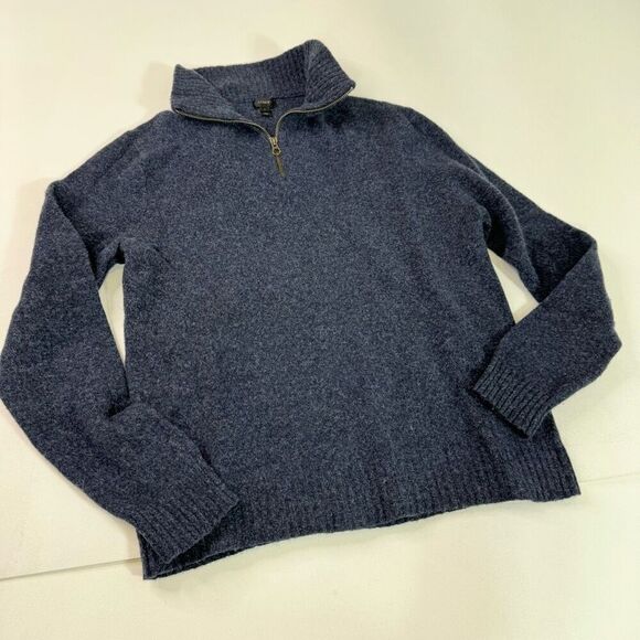 J Crew Sweater Mens Large Navy Blue 100% Lambswool Quarter Zip Preppy Solid - Picture 1 of 10
